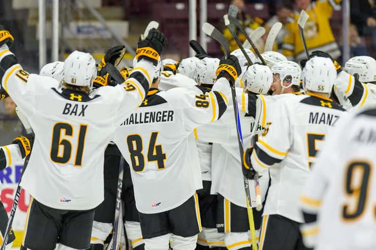 Sarnia Sting celebrate win against Flint Firebirds Sunday, November 30, 2025. Photo by Metcalfe Photography. 