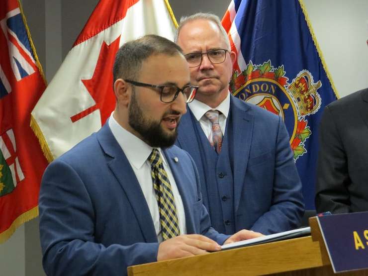London Police Services Board Chair Ali Chahbar speaks at police headquarters, January 31, 2024. (Photo by Miranda Chant, Blackburn Media)