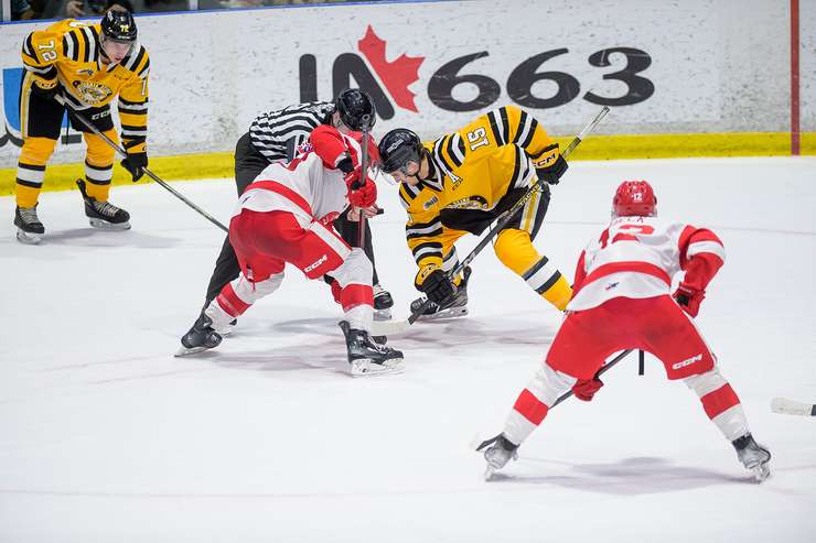 Soo Greyhounds at Sarnia Sting, February 19, 2024. Photo by Metcalfe Photography. 