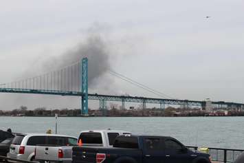 Traffic is backed up on the Ambassador Bridge during a fire, April 14, 2015. (Photo by Mike Vlasveld)