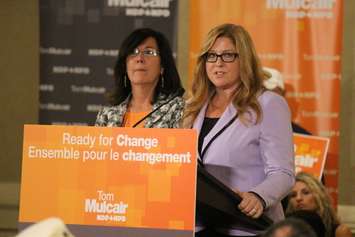 NDP candidates for Essex, Tracey Ramsey (right), and Windsor-Tecumseh, Cheryl Hardcastle (left), attend an NDP rally in Windsor on July 22, 2015. (Photo by Ricardo Veneza)