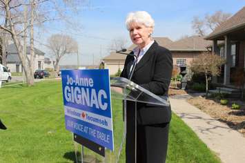 Windsor Ward 5 Councillor Jo-Anne Gignac speaks to the media outside of her home on St. Rose Ave., April 29, 2015. (Photo by Mike Vlasveld)