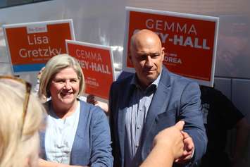 Ontario NDP Leader Andrea Horwath and Essex candidate Ron LeClair listen to supporters in Essex, May 12, 2022. Photo by Mark Brown/WindsorNewsToday.ca.