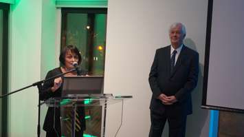 Lambton County Warden Bev MacDougall welcomes Gord Laschinger of Wilsondale Assets Management, congratulating the company on development plans for Bayside Centre. December 2, 2015 (BlackburnNews.com Photo by Briana Carnegie)