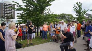 Ontario NDP Leader Andrea Horwath speaks to a Sarnia-Lambton crowd next to the St. Clair River with local candidate Kathy Alexander by her side. May 30, 2018. (Photo by Colin Gowdy, BlackburnNews)