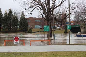 The municipal parking lot on Thames St in downtown Chatham is underwater on February 23, 2018. Photo by Mark Brown/Blackburn News.