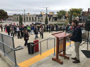 People gather at a rally to end poverty in Sarnia. October 5, 2018 Photo by Melanie Irwin