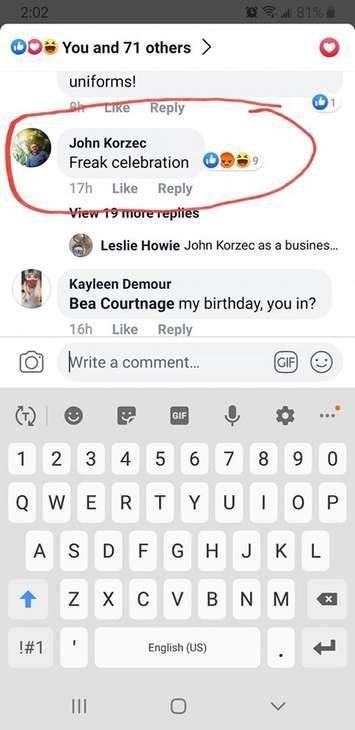 A Facebook comment made by Laser in Motion owner John Korzec in reference to Pride London Festival. (Photo screen-captured from Facebook)