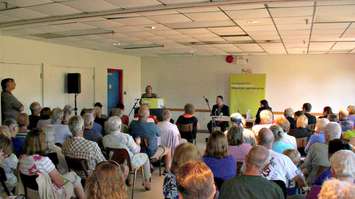 Ontario NDP leader Andrea Horwath speaks to residents at town hall meeting. Clearwater Arena, Sarnia. August 5th, 2015 (BlackburnNews.com Photo by Briana Carnegie)