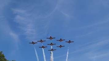 Snowbirds fly over the F-86 Sabre Golden Hawk Memorial September 15, 2016 (BlackburnNews.com Photo by Briana Carnegie)