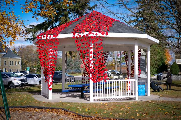 Poppies on display at Mount Brydges Cenotaph Park. The poppy design is a trademark of The Royal Canadian Legion (Dominion Command). Image courtesy of the Municipality of Strathroy-Caradoc Facebook page.