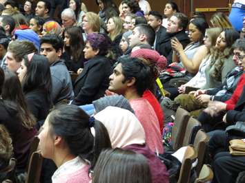 Londoners watch  Prime Minister Trudeau speak at a town hall at Western University, January 13, 2017. (Photo by Miranda Chant, Blackburn News)
