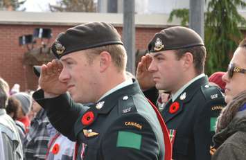 Soldiers salute during the Port Elgin Remembrance Day ceremony. (Photo by Jordan Mackinnon)