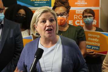 Ontario NDP Leader Andrea Horwath campaigns in Essex, May 12, 2022. Photo by Mark Brown/WindsorNewsToday.ca.