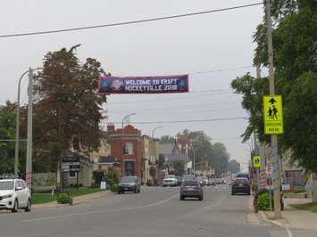A banner hangs above the roadway heading into Lucan welcoming everyone to Kraft Hockeyville. (Photo by Miranda Chant, Blackburn News) 