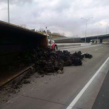 A tractor trailer rollover in the WB 401 near Hwy 3, Dcember 22, 2015 (Photo courtesy of Ontario Provincial Police)
