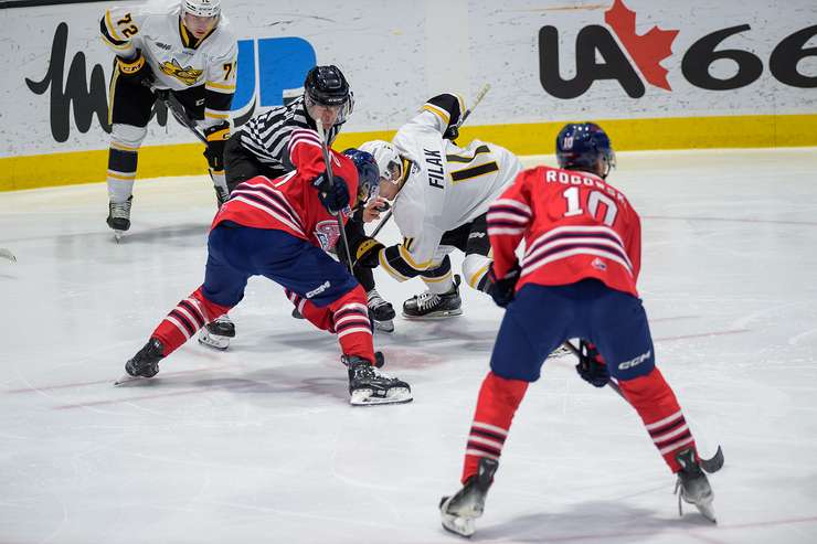 Sarnia Sting host the Oshawa Generals on Oct 12, 2024 (Photo by: Darren Metcalfe Photography)