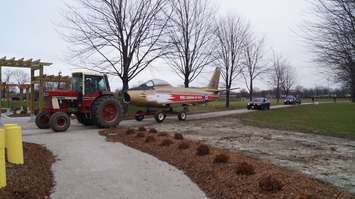 Sarnia's F-86 Sabre Golden Hawk is returned to Germain Park. December 8, 2014 (BlackburnNews.com photo by Jake Jeffrey)