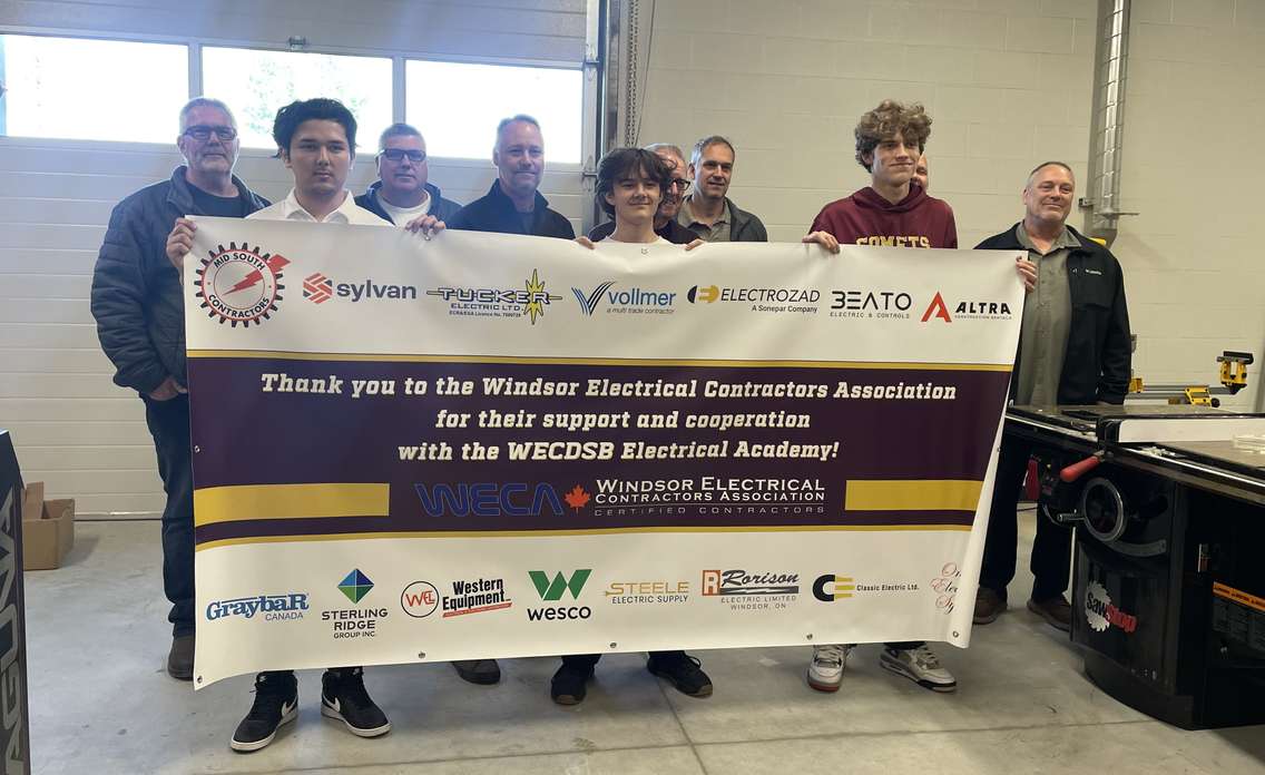 The Windsor Electrical Contractors Association presents donation to students at the Catholic Central High School Electrical Academy, May 8, 2025. (Photo by Maureen Revait)