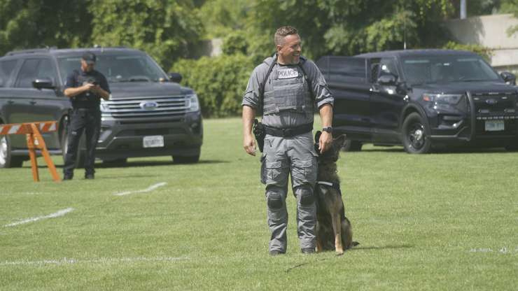 Police dog Vader and Cst. Shawn Urban during the demonstration, August 9, 2024 (Photo by: Lindsay Newman/ Blackburn Media)