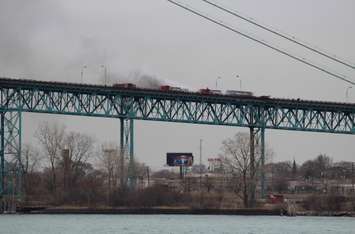 Traffic is backed up on the Ambassador Bridge during a fire, April 14, 2015. (Photo by Mike Vlasveld)