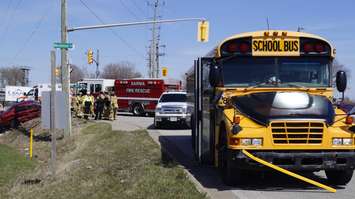 The scene of a two-vehicle crash between a school bus and a Toyota Corolla on Modeland Rd. and Michigan Ave. April 26, 2018. (Photo by Colin Gowdy, BlackburnNews)