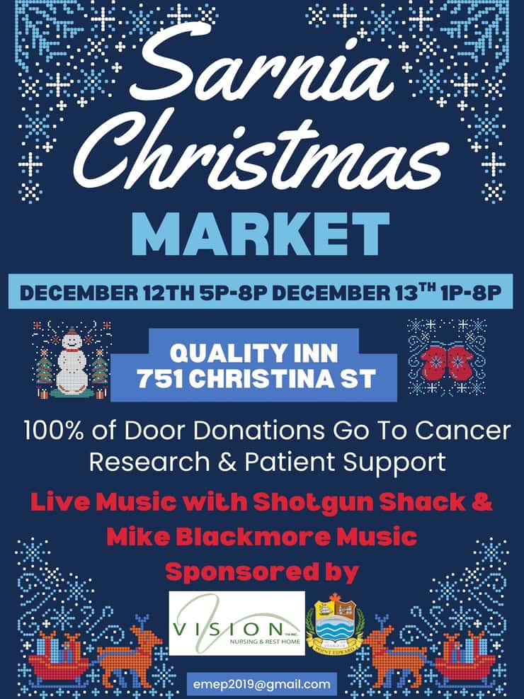 A festive poster for the Sarnia Christmas Market happening at the Quality Inn on December 12 and 13, 2025