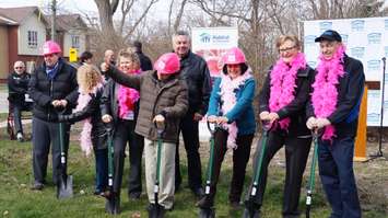 Habitat for Humanity Sarnia-Lambton breaks ground on construction of two link homes at 774 Devine St. The Hastings and Hutchinson families pose with guest speakers for a photo. April 13, 2016 (BlackburnNews.com Photo by Briana Carnegie)