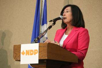 Windsor-Tecumseh NDP candidate Cheryl Hardcastle speaks at a debate, September 30, 2015. (Photo by Jason Viau)