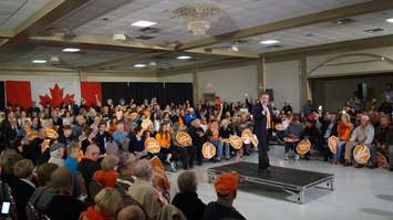 Sarnia-Lambton NDP candidate Jason McMichael addresses crowd of 1,000 at Dante Club October 4, 2015 (BlackburnNews.com Photo by Briana Carnegie)