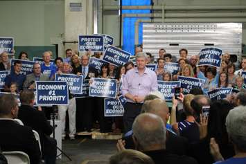 Conservative Leader Stephen Harper makes a campaign stop during the 2015 federal election at Windsor's Anchor Danly on September 20, 2015. (Photo by Ricardo Veneza)