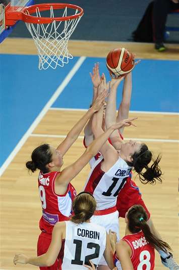 Chatham's Bridget Carleton plays for Team Canada vs. Serbia during the FIBA 19U World Women's Championships in Russia. (Photo courtesy of FIBA.)