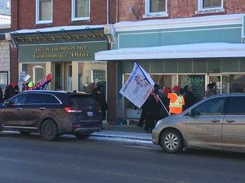 Education union members picket in front of Huron-Bruce MPP Lisa Thompson's office in Blyth. February 21st, 2020 (Photo by Ryan Drury)