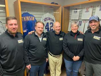 Chatham-Kent IBL officials. Pictured with Team President Dom Dinelle (middle), left to right: Allan Cameron, Mathew Speed, Laura Kalika and Gregg Ross. (Via Chatham-Kent IBL Baseball Club Twitter)