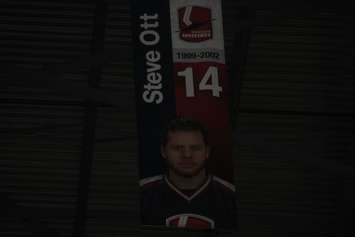 The #14, retired by the Windsor Spitfires and worn by alum Steve Ott, is seen at the WFCU Centre, July 25, 2019. Photo by Mark Brown/Blackburn News.