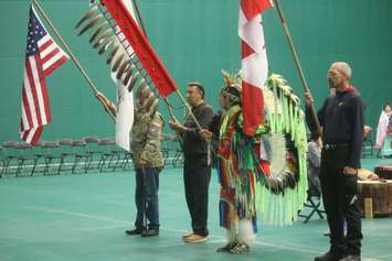 An honour guard, including members of the Walpole Island First Nation veterans' group, stands at attention at the St. Clair College SportsPlex, Windsor, June 6, 2019. Photo by Mark Brown/Blackburn News.