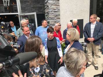 NDP Leader Andrea Horwath and Sarnia-Lambton candidate Kathy Alexander meet with supporters at Blackwater Coffee during a campaign stop in Sarnia. June 4, 2018. (Photo by Melanie Irwin)