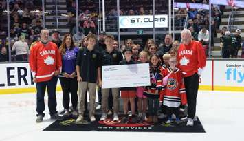 Legacy fund presentation at the Sarnia Sting home opener, September 19, 2025 (Photo by: Tourism Sarnia-Lambton)