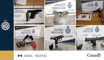 Images of weapons and ammunition seized at Windsor points of entry in late November 2025. Image courtesy Canada Border Services Agency/X.