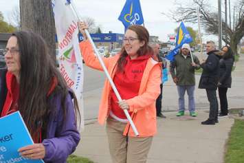 Dozens gather in Chatham on Tuesday, April 30, 2019 to rally against provincial funding cuts to education. (Photo by Allanah Wills) 