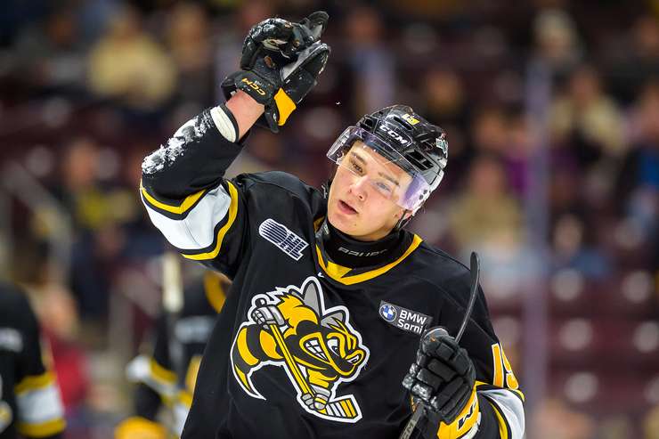 Sarnia Sting rookie Ruslan Karimov, March 12, 2025. Photo by Metcalfe Photography.