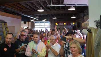 Federal NDP leader Tom Mulcair discusses tax rate cuts for small Canadian businesses at Refined Fool Brewery in Sarnia July 23, 2015 (BlackburnNews.com Photo by Briana Carnegie)
