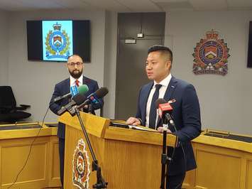 Incoming London Police Chief Thai Truong speaks to reporters. May 1, 2023. Photo by Craig Needles. 
