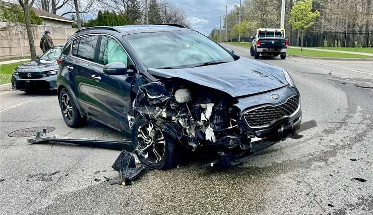 Vehicle one Cheapside and Campus Drive crash, April 20, 2024 (Image courtesy of the London Fire Department)