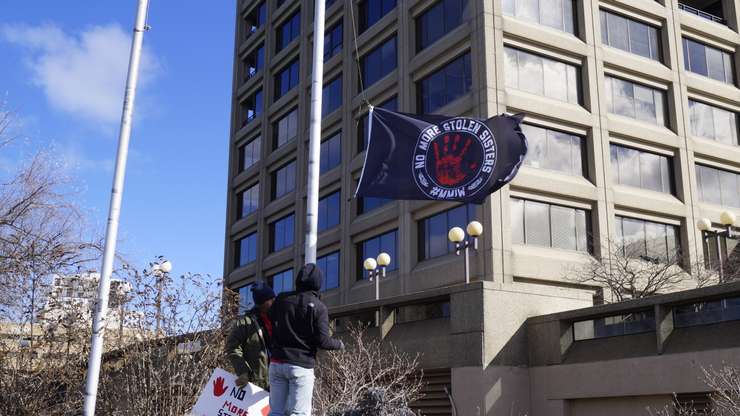 A MMIWG march and flag raising downtown Sarnia February 14, 2024 (Blackburn Media/ Lindsay Newman)