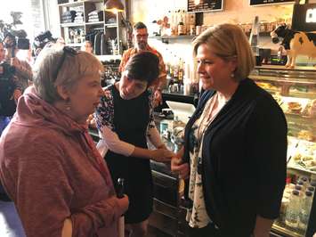 NDP Leader Andrea Horwath and Sarnia-Lambton candidate Kathy Alexander meet with supporters at Blackwater Coffee during a campaign stop in Sarnia. June 4, 2018. (Photo by Melanie Irwin)