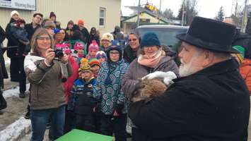 Plympton-Wyoming Mayor Lonny Napper meets Ollie. February 2, 2018. (Photo by Colin Gowdy, Blackburn News)