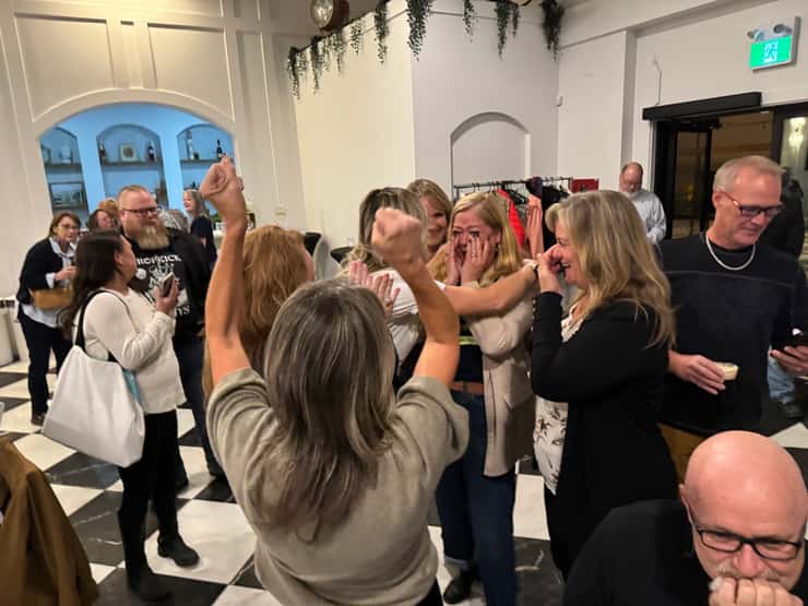 An emotional Carrie McEachran celebrates her mayoral victory in Sarnia with supporters. October 26, 2026 Photo by Melanie Irwin.