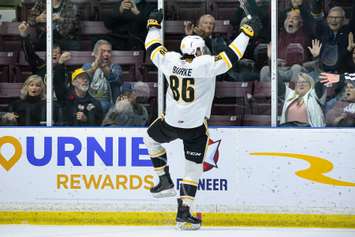 Sarnia Sting forward Nolan Burke celebrates a goal versus the Flint Firebirds. 6 November 2022. (Metcalfe Photography)