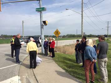 A group gathers to place purple ribbons at Modeland Rd. and Michigan Ave. May 24, 2017 (Photo by Melanie Irwin)